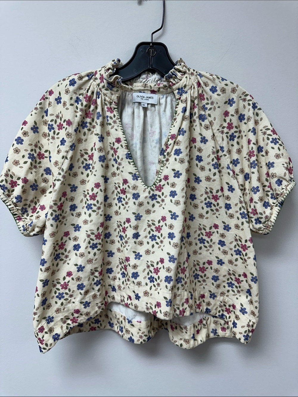 Olivia James cream corduroy floral boxy short sleeve top medium